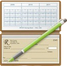 an image of a check book with a pen lying on top of it